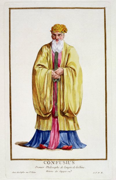 Konfucjusz (551-479 p.n.e.), z „Receuil des Estampes, reprezentujący szeregi i godności, według stroju wszystkich istniejących narodów”, wydana w 1780 r. (rycina ręcznie kolorowana) autorstwa Pierre Duflos